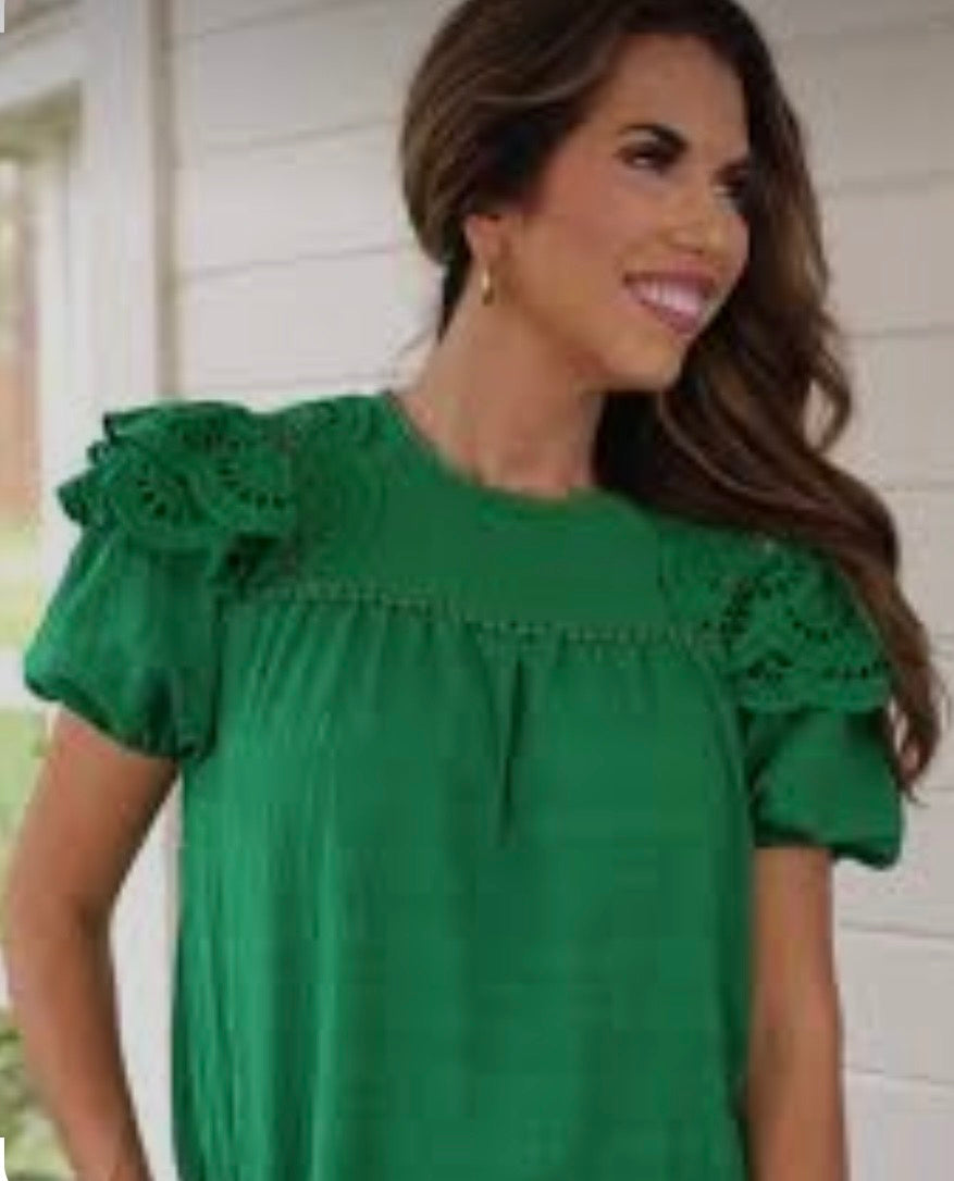 Emerald Green Eyelet Puff Sleeve Top