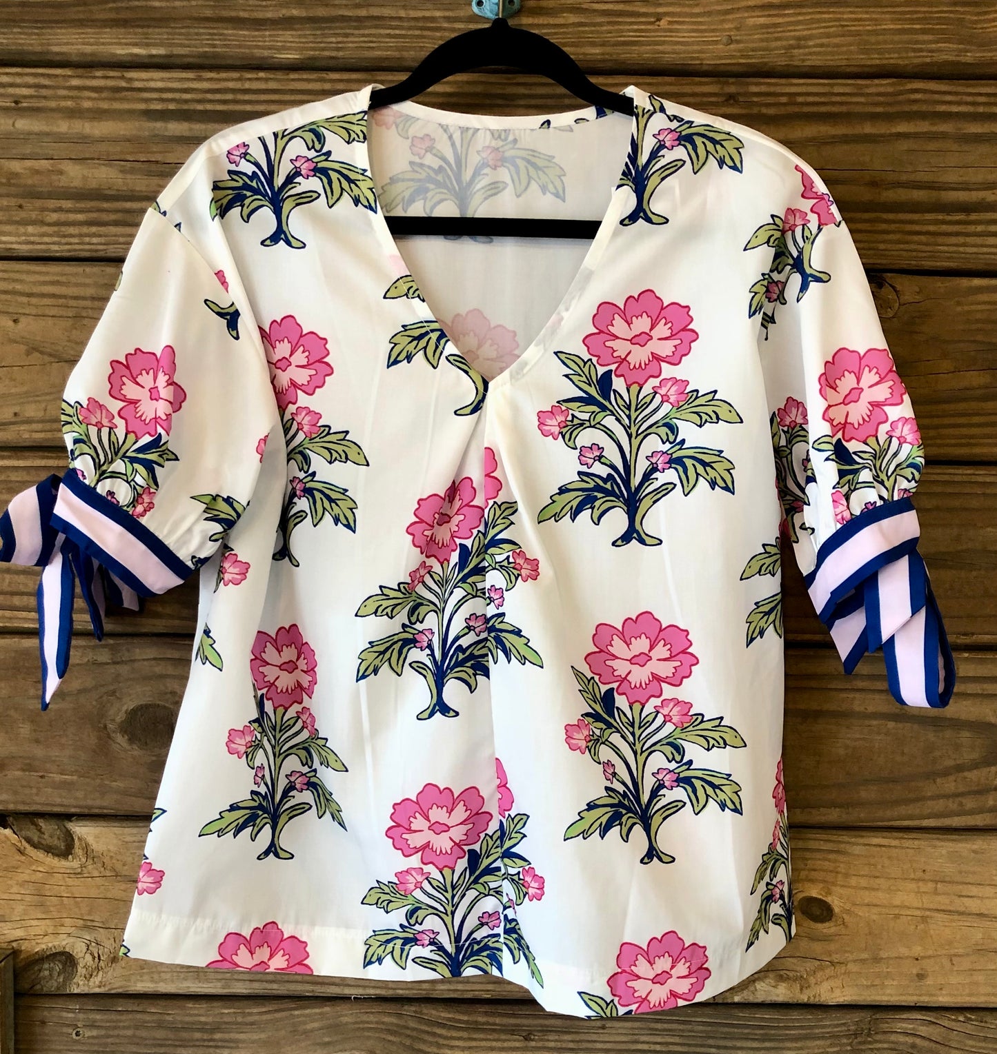Pink & Navy Floral V Neck Top