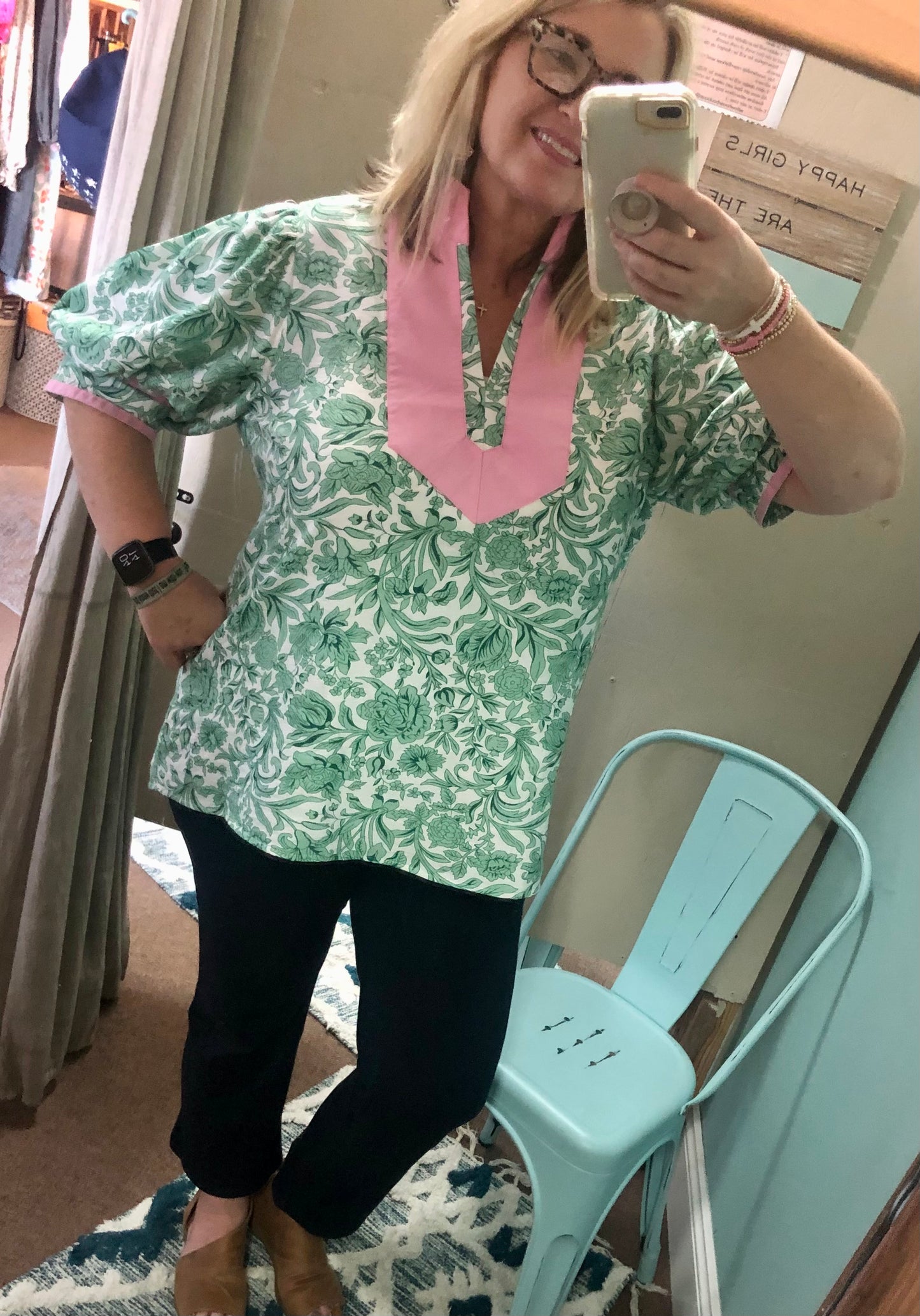 Green Leaves V Neck Pink Pop of “Collar”