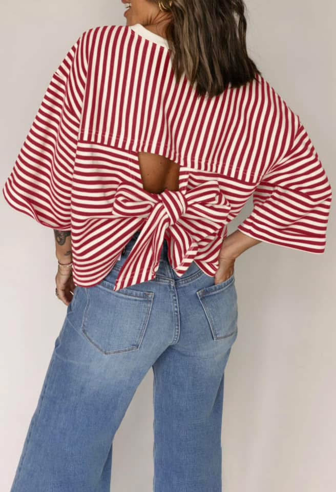 Red and White Striped Tie Back Top