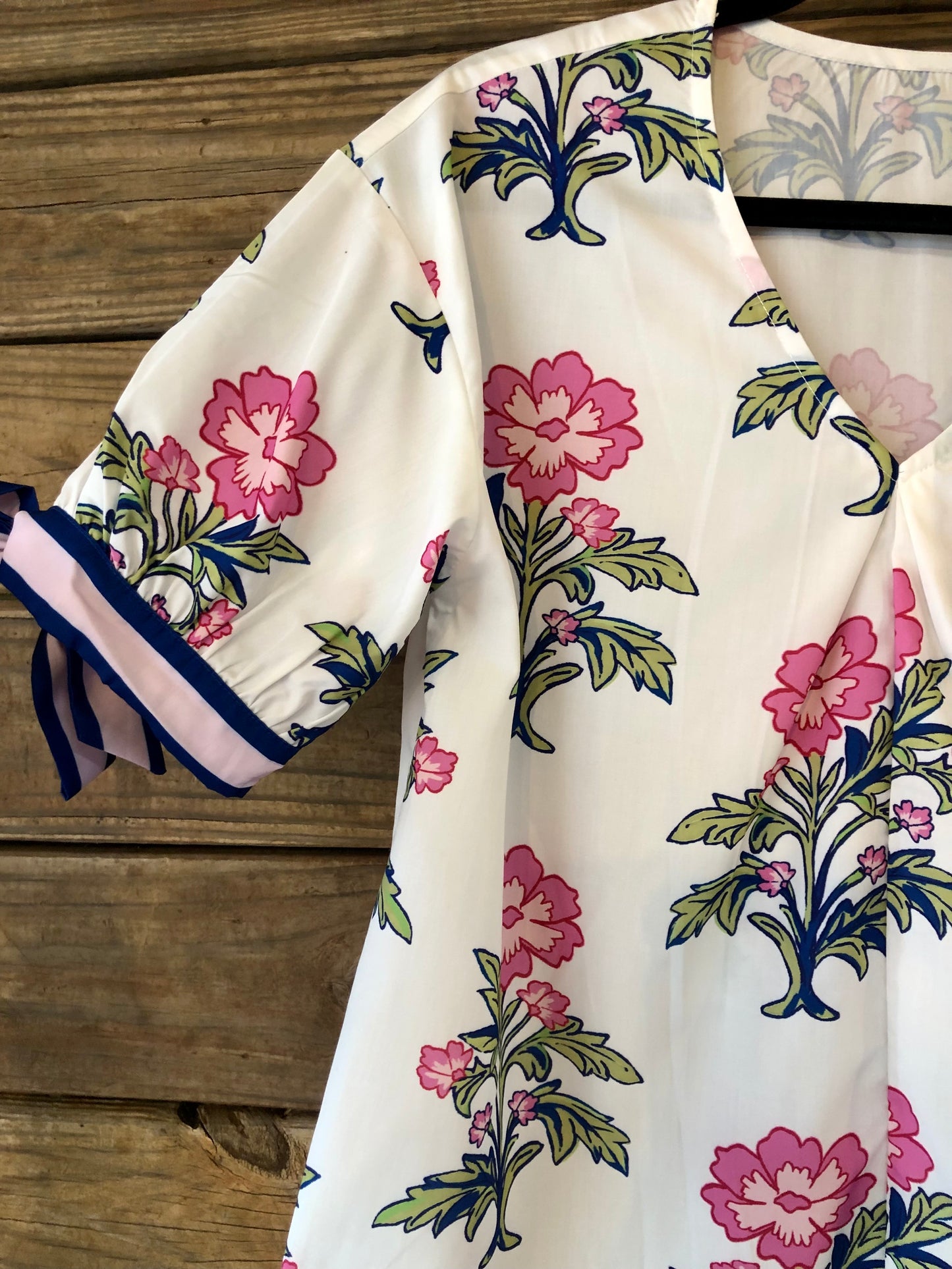 Pink & Navy Floral V Neck Top