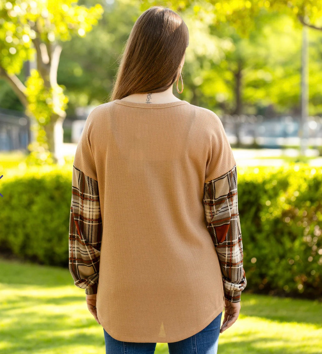Cozy Up Waffle Top with Plaid Sleeves