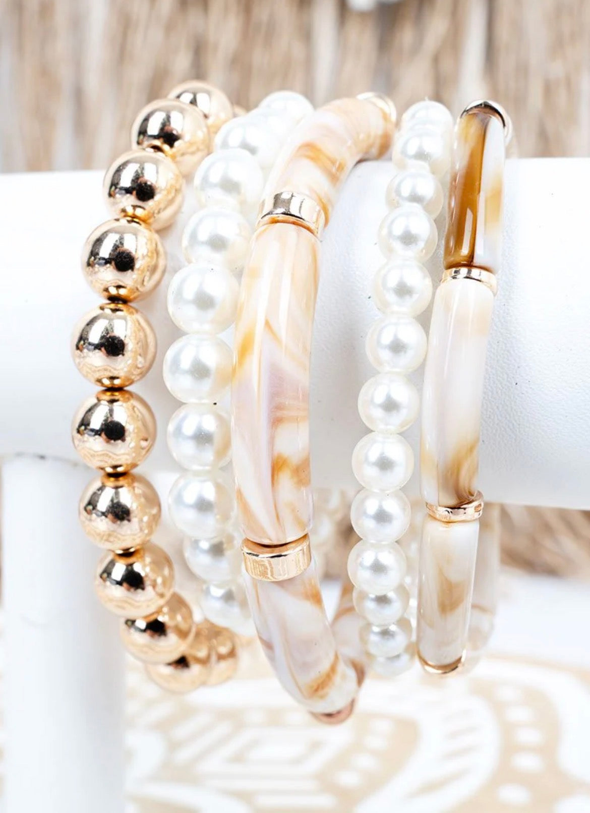 Beaded Bracelet Set- Large Beads - Gold - Pearls