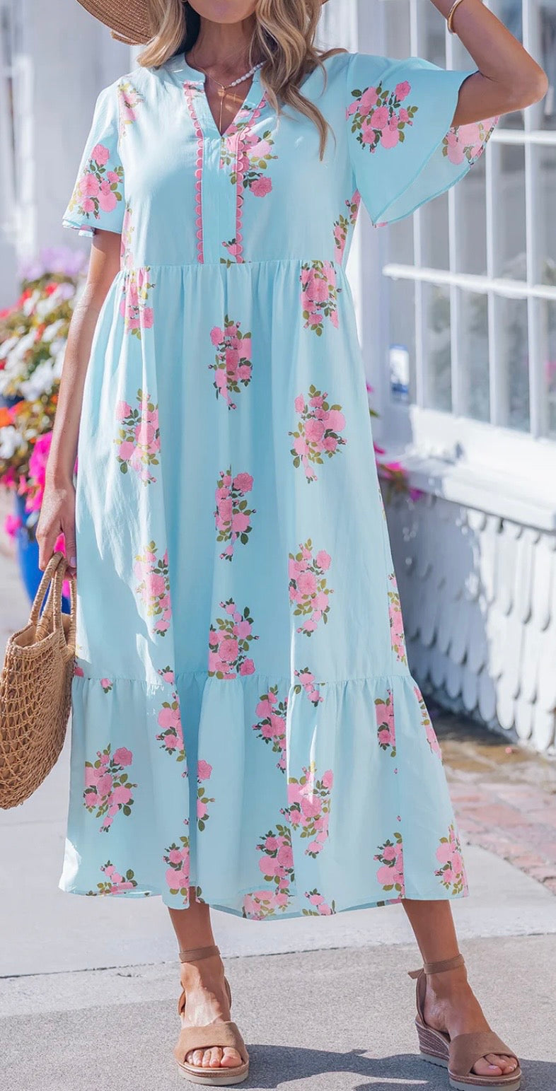 Flower Bouquet Sky Blue & Pink Midi Dress