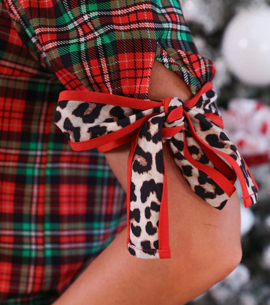 Festive Red Plaid Top with Leopard Tie Sleeves