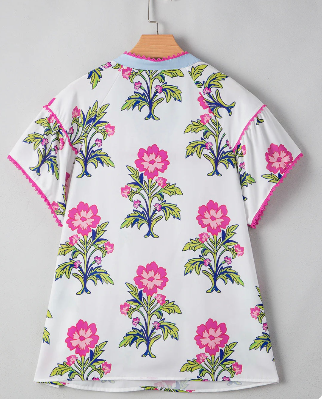 Pink & Green Floral Top with Lace Trim