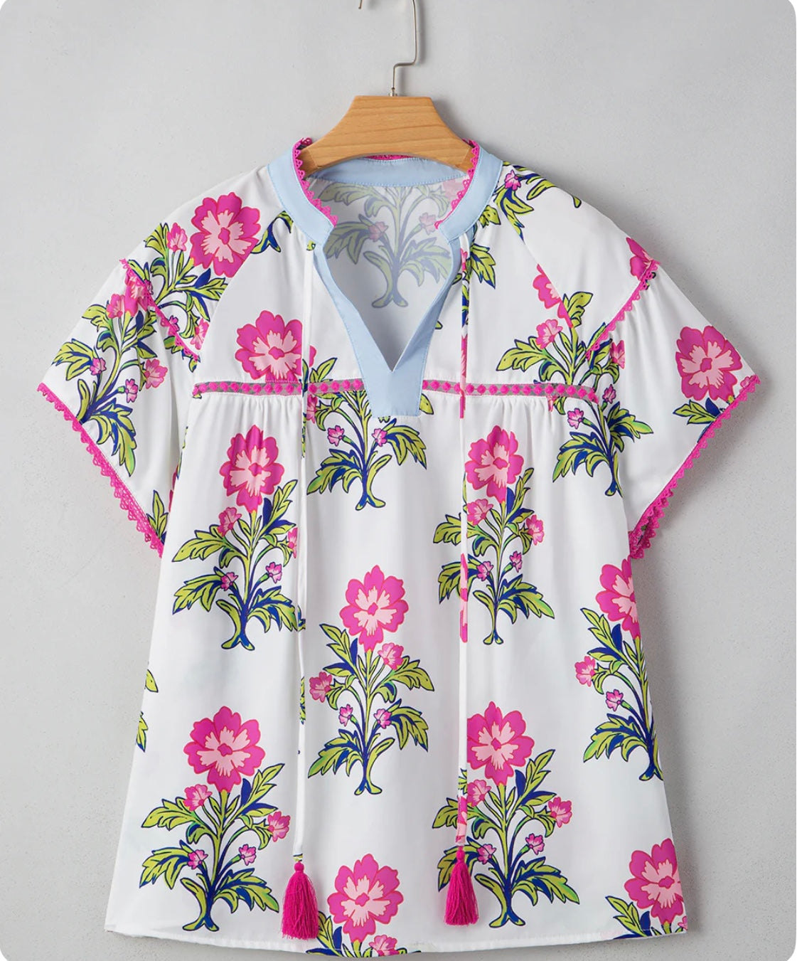 Pink & Green Floral Top with Lace Trim