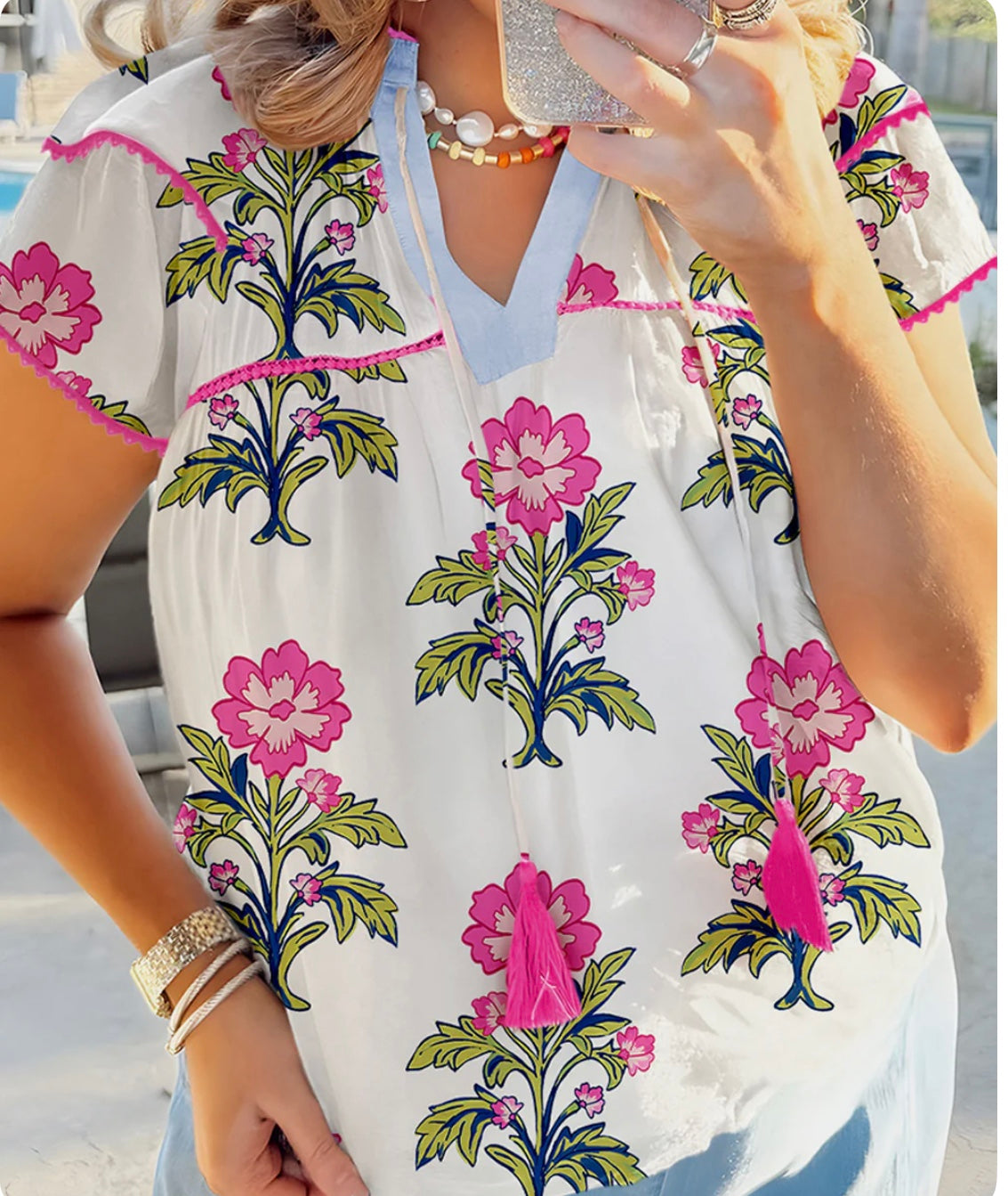Pink & Green Floral Top with Lace Trim