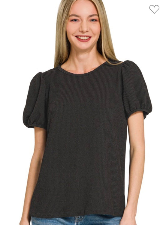 Puff Sleeve Ribbed Top