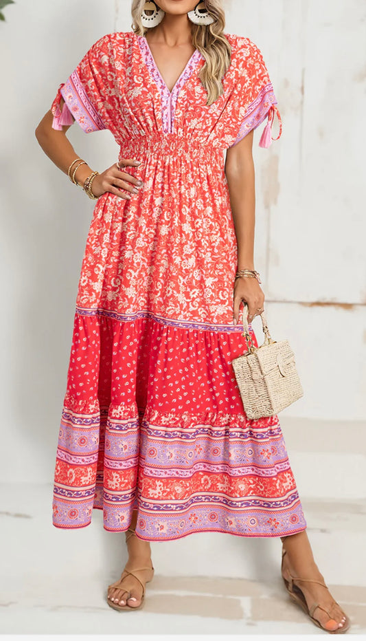 Floral Coral Tiered Dress