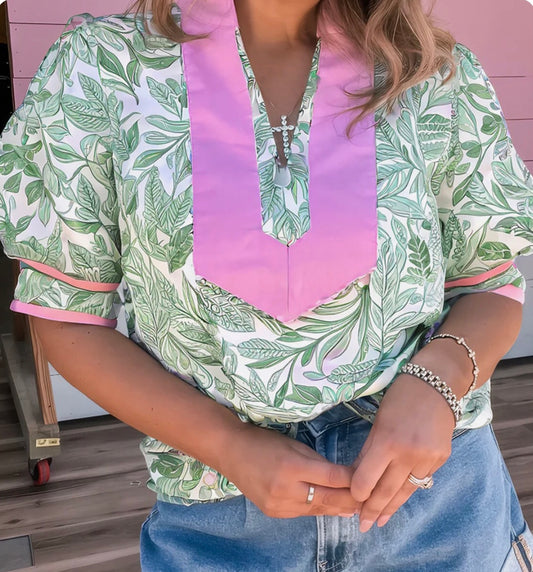 Green Leaves V Neck Pink Pop of “Collar”