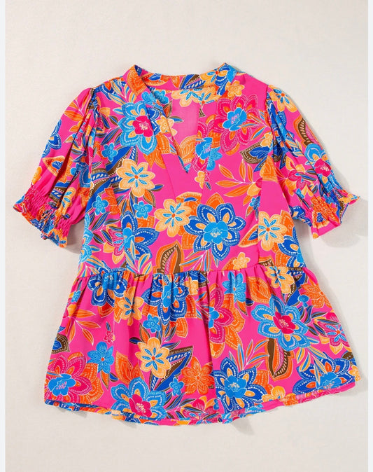 Pink & Blue Peplum Floral Top