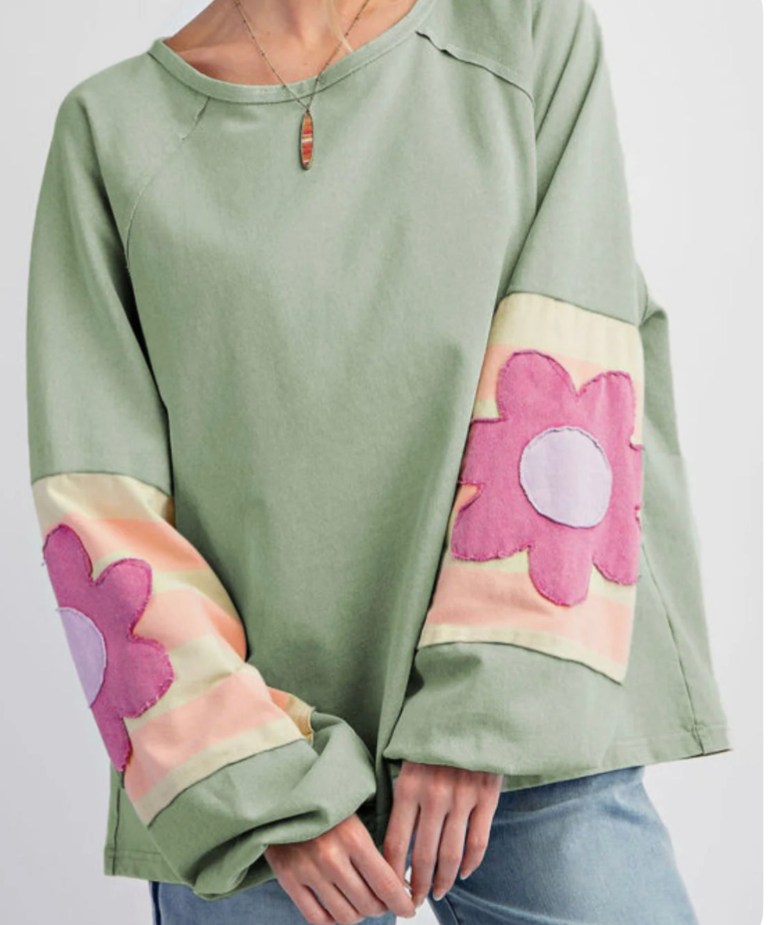 Sage Flower Patchwork Appliqué Top