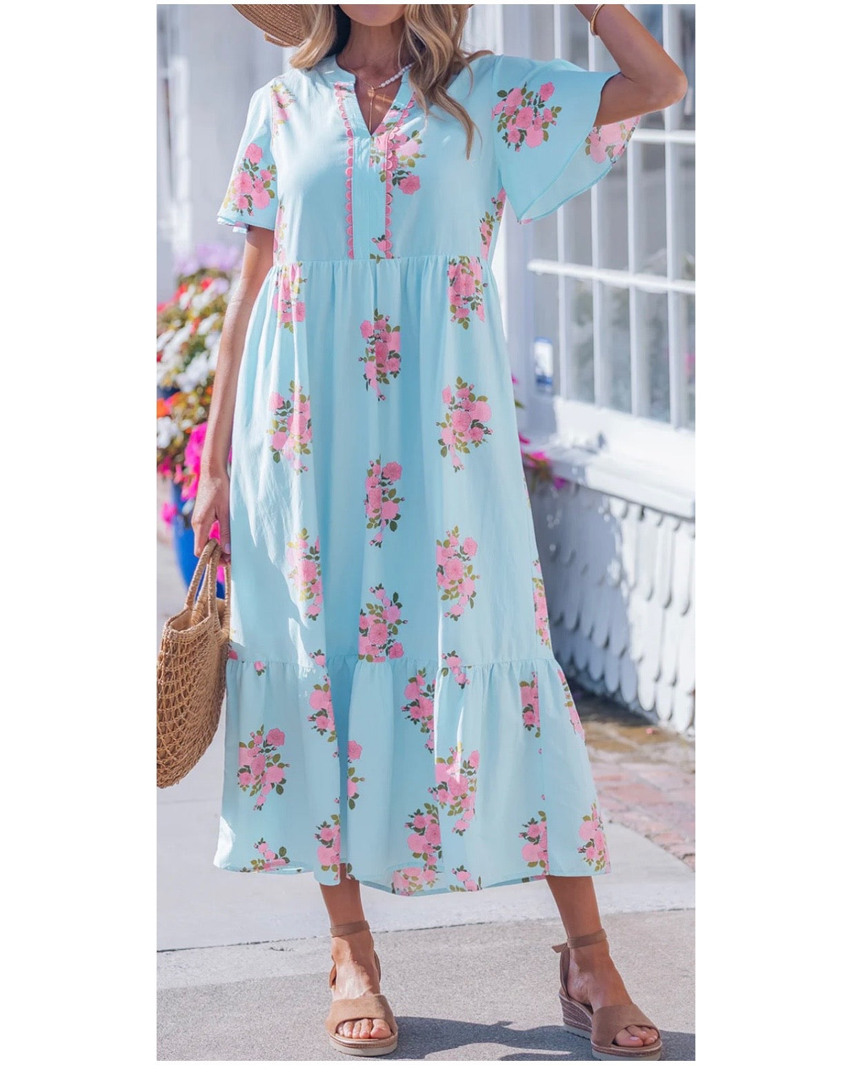 Flower Bouquet Sky Blue & Pink Midi Dress