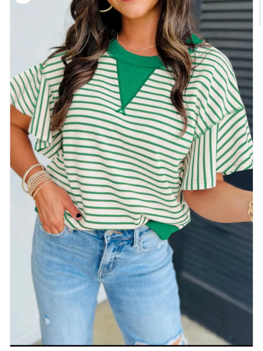 Green and Cream Striped Top