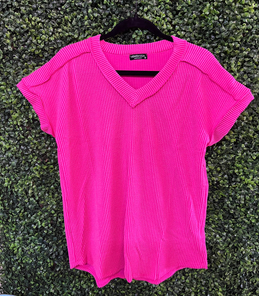 Hot Pink VNeck Ribbed Top