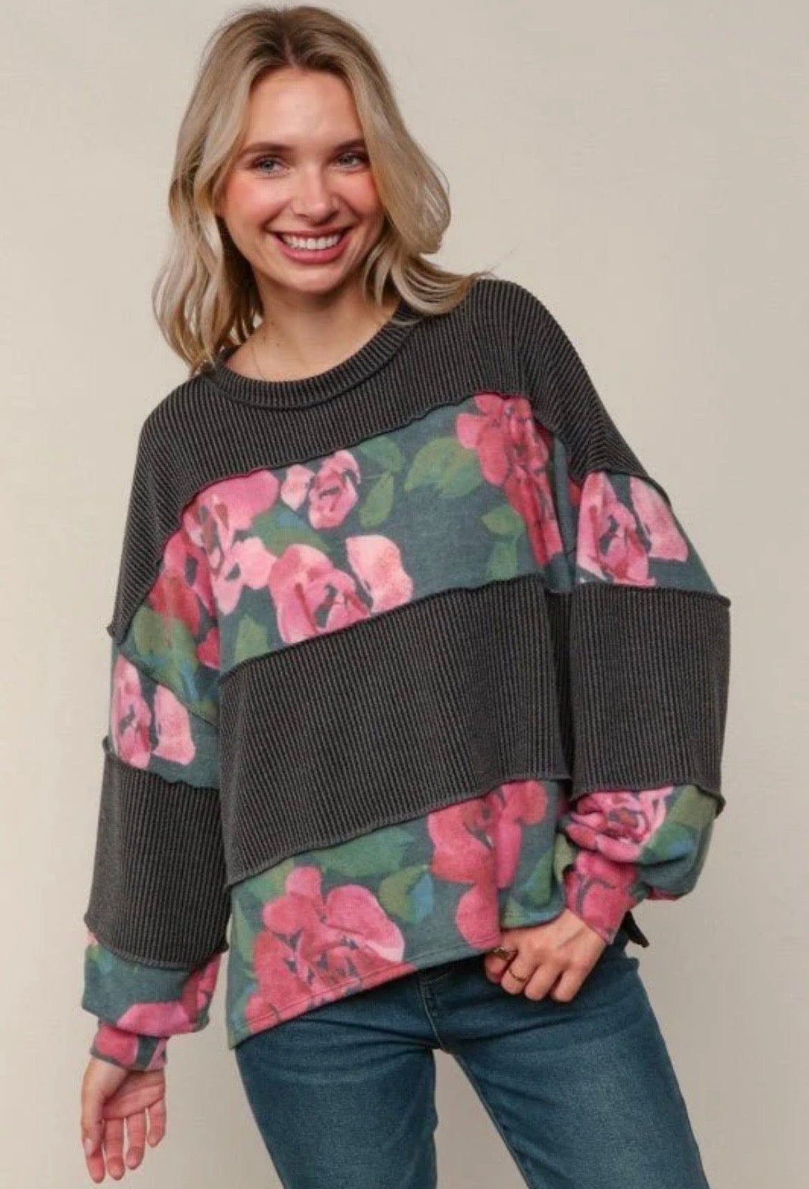 Ribbed Floral Pullover