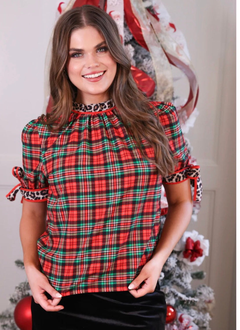 Festive Red Plaid Top with Leopard Tie Sleeves