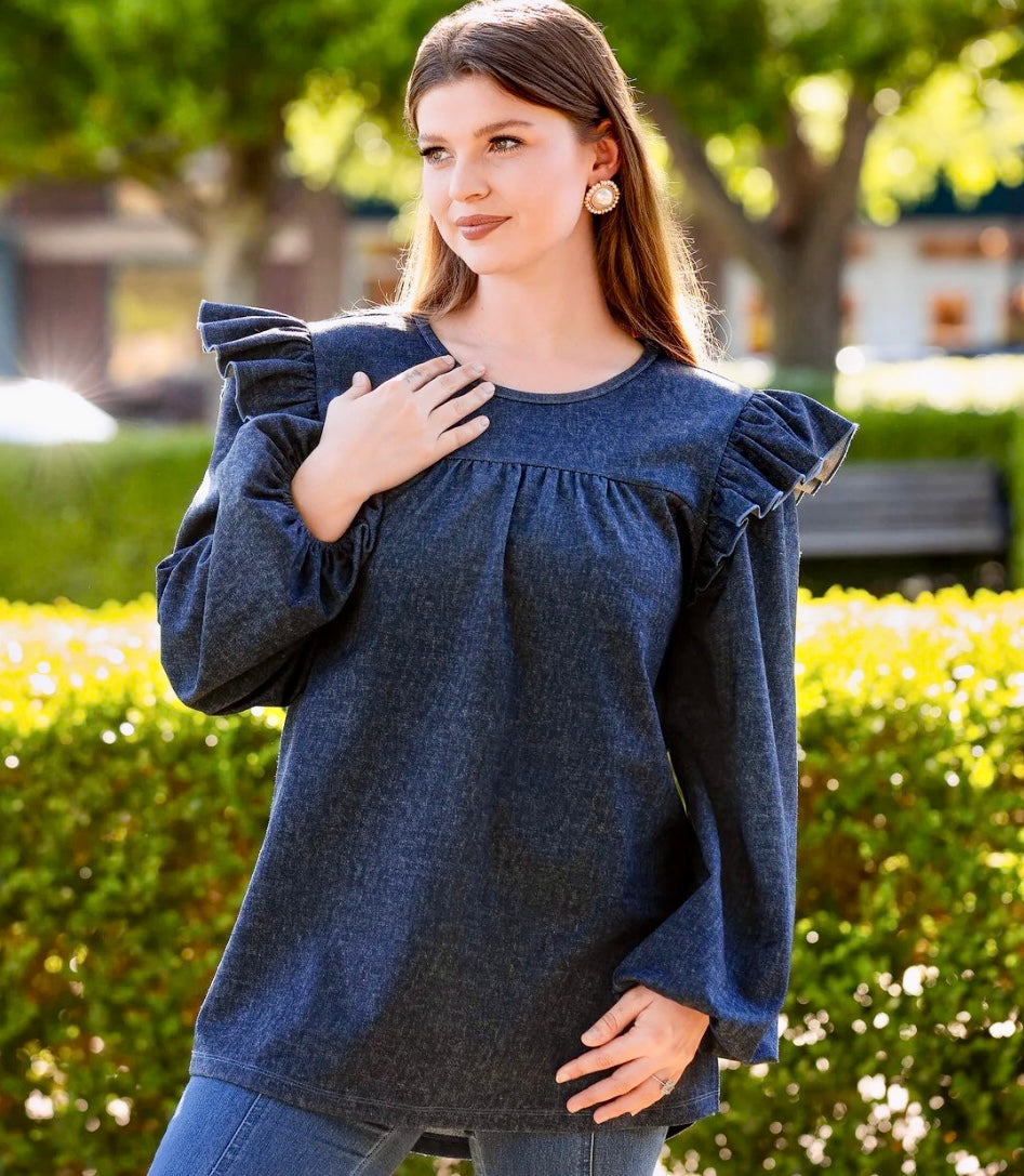 Navy Top with Ruffle Detail