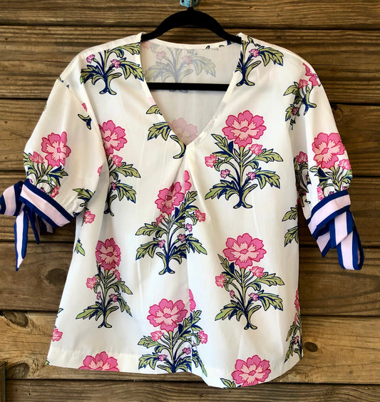 Pink & Navy Floral V Neck Top