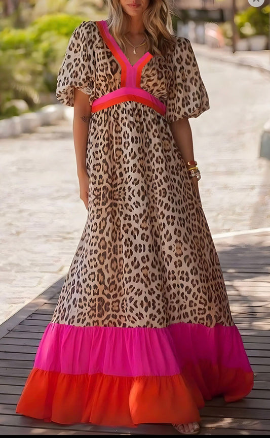 Leopard Maxi Dress with Pink & Orange Trim