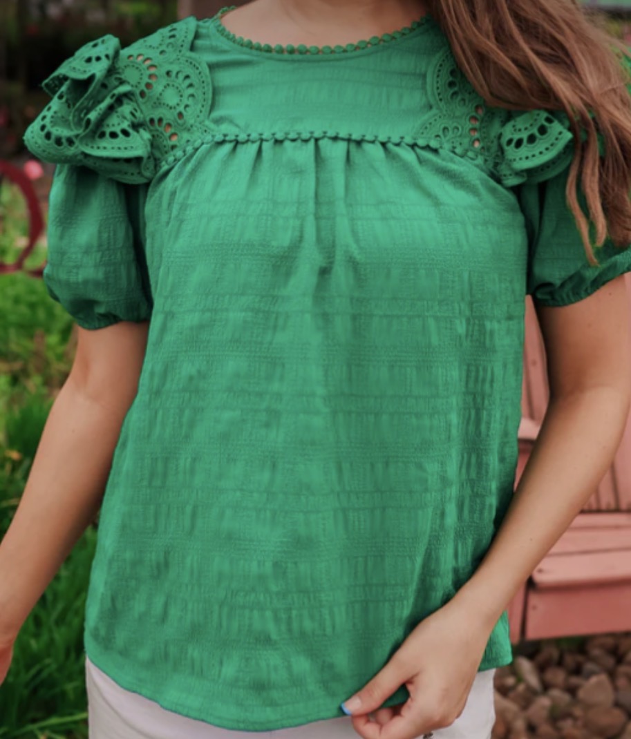 Emerald Green Eyelet Puff Sleeve Top