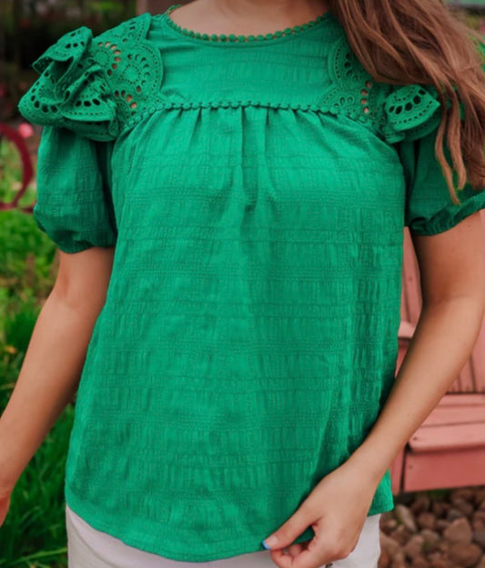 Emerald Green Eyelet Puff Sleeve Top
