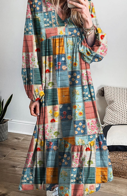 Patchwork Maxi Dress V Neck