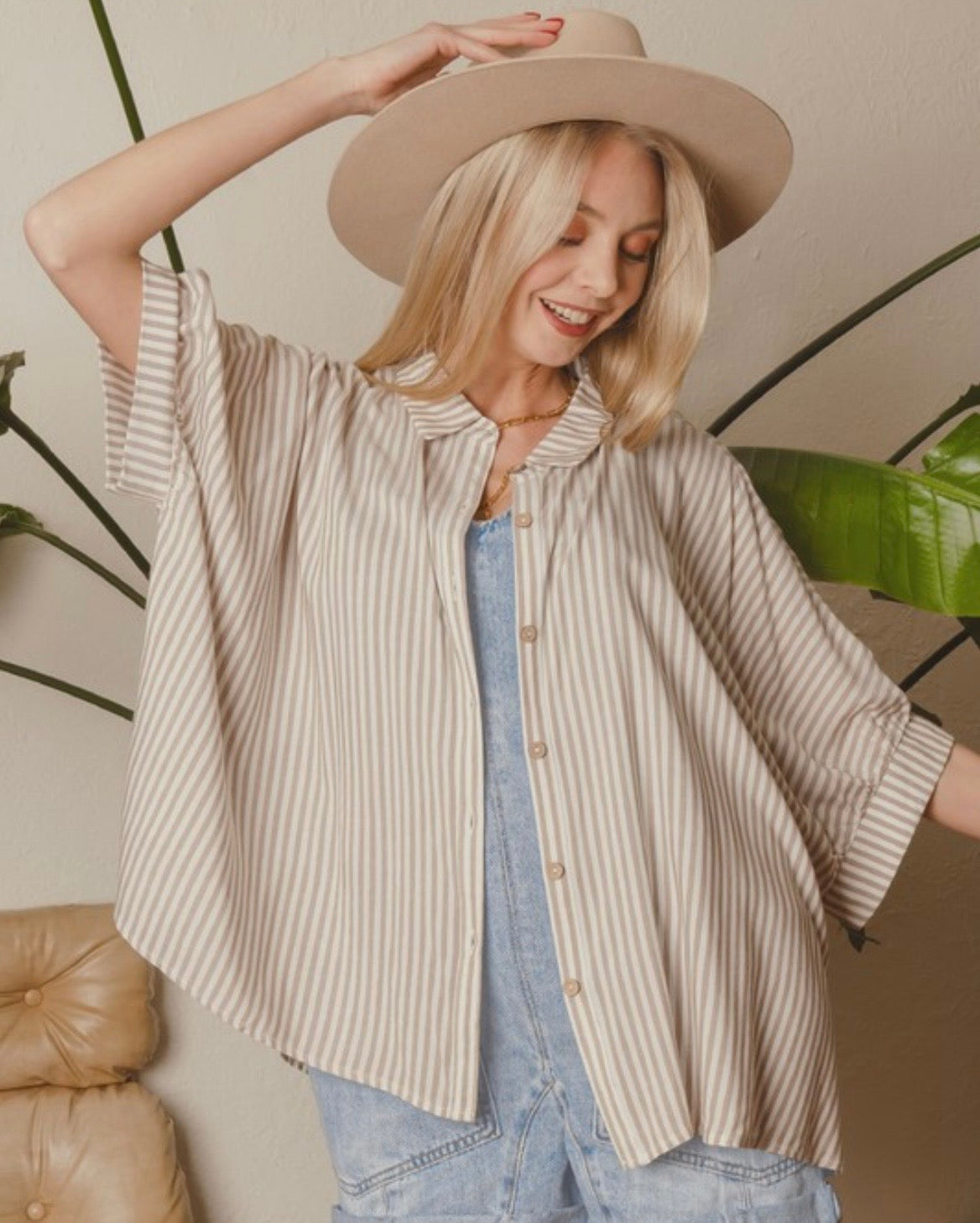 Pinstriped Oversized Button Up Top