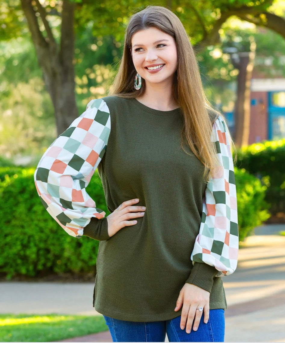 Cozy Up Waffle Top with Plaid Sleeves