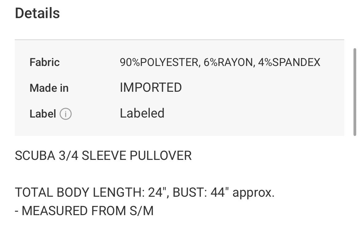 Scuba 3/4 Sleeve Pullover Top