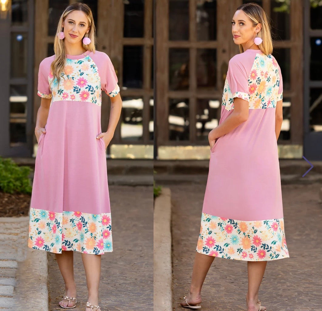 Floral Block Dress with Pockets