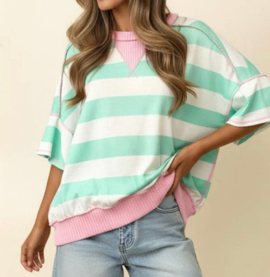 Mint To Be Striped Top- Green &Pink