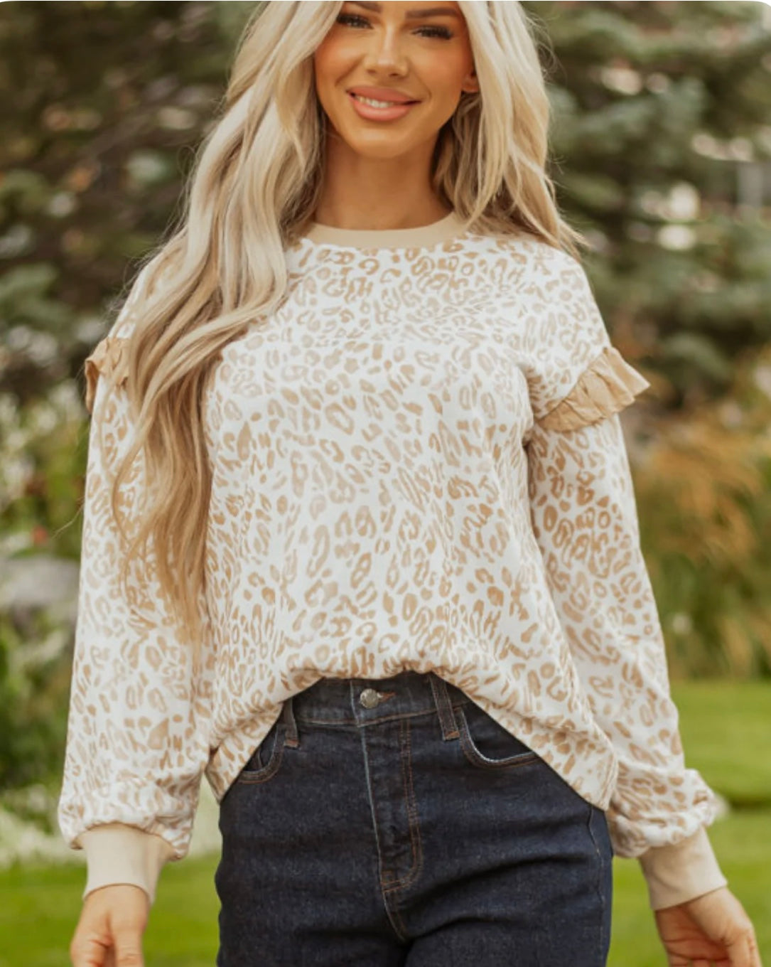 Leopard Ruffle Long Sleeve Pullover