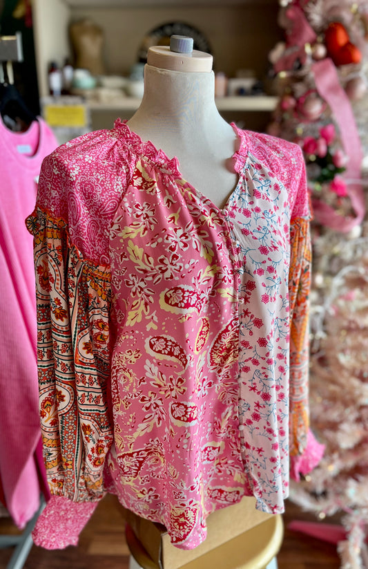 Pink Floral Mix Boho Top