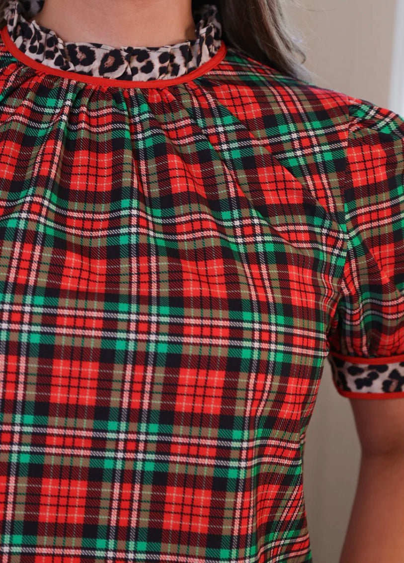 Festive Red Plaid Top with Leopard Tie Sleeves