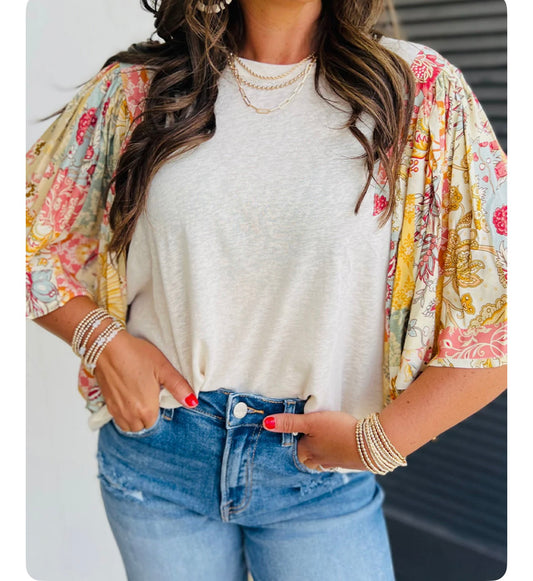 Floral and Cream Flowy Sleeve Top