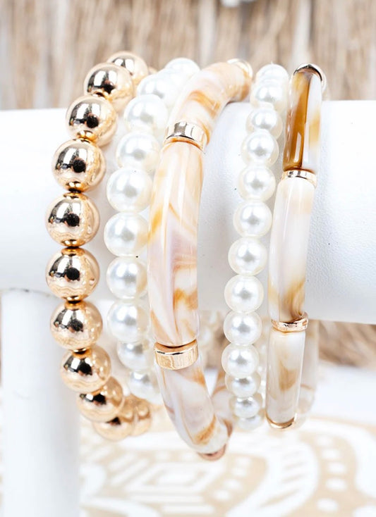 Beaded Bracelet Set- Large Beads - Gold - Pearls
