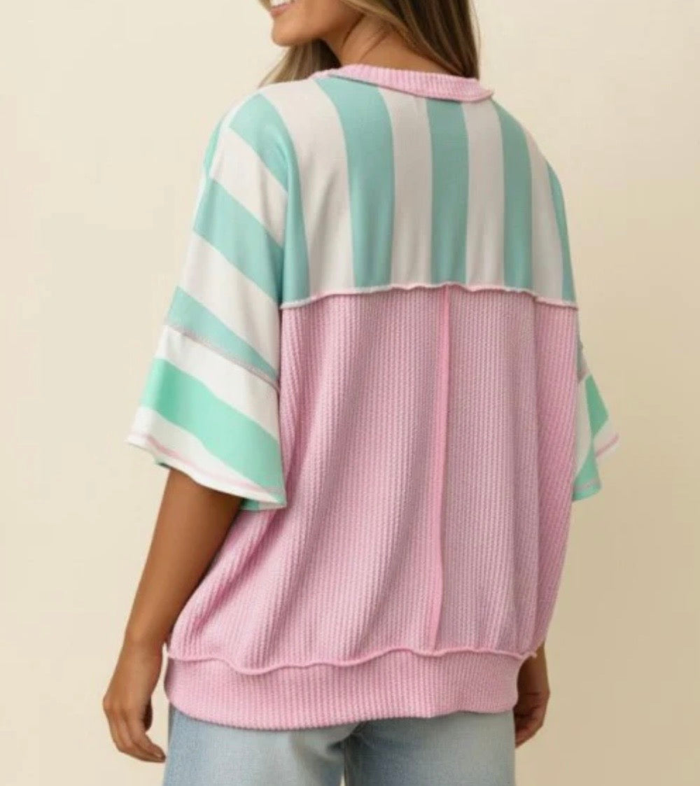 Mint To Be Striped Top- Green &Pink