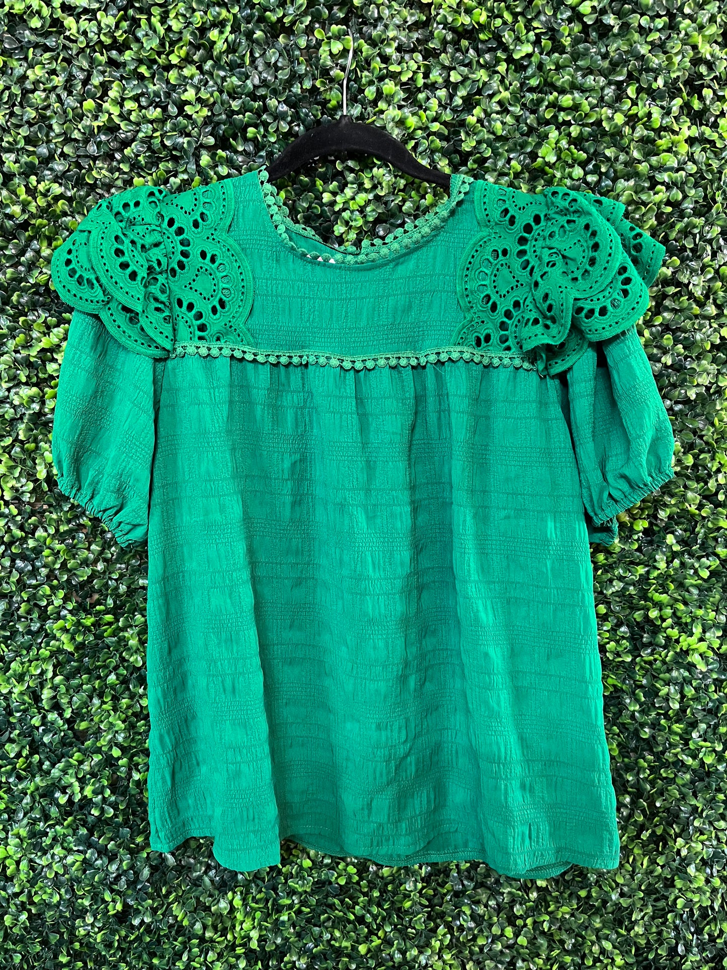 Emerald Green Eyelet Puff Sleeve Top
