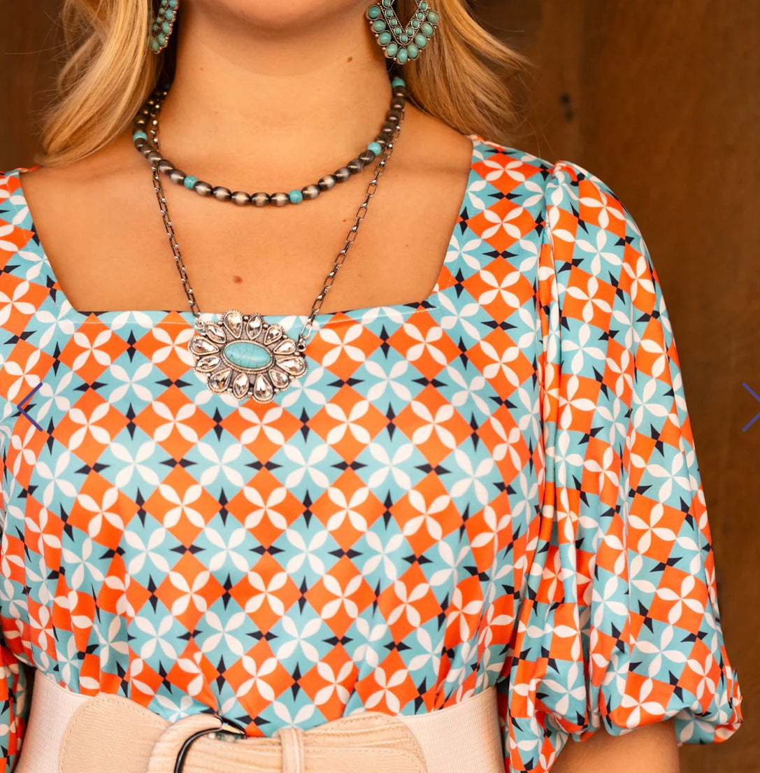 Geometric Fall Bubble Sleeve Midi Dress