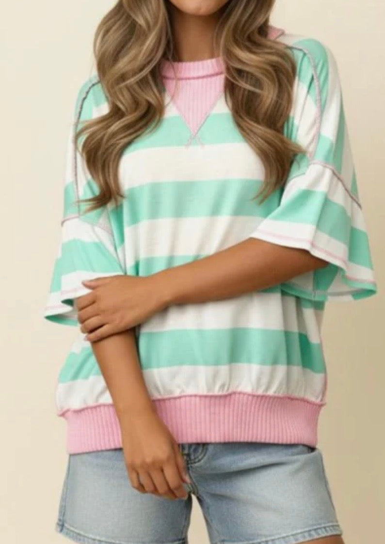 Mint To Be Striped Top- Green &Pink