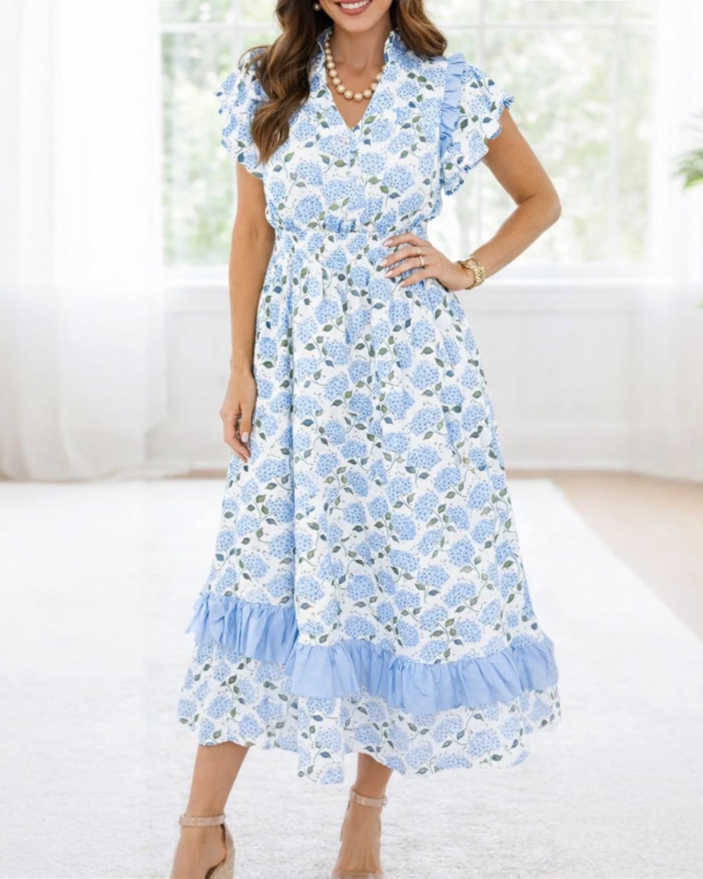 Blue Hydrangea Floral Midi Dress
