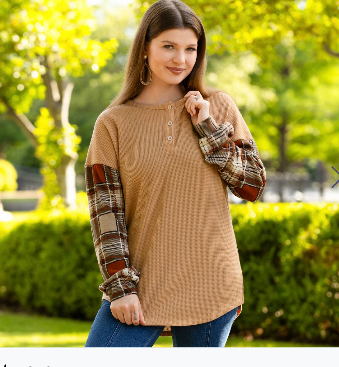 Cozy Up Waffle Top with Plaid Sleeves