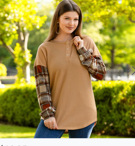 Cozy Up Waffle Top with Plaid Sleeves