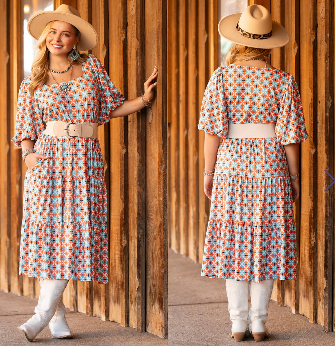 Geometric Fall Bubble Sleeve Midi Dress