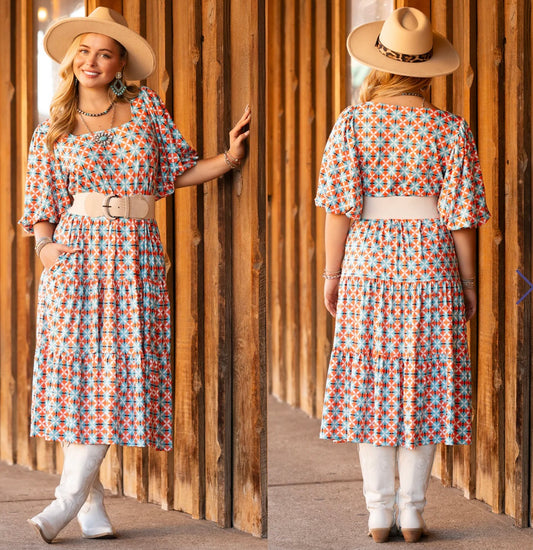 Geometric Fall Bubble Sleeve Midi Dress