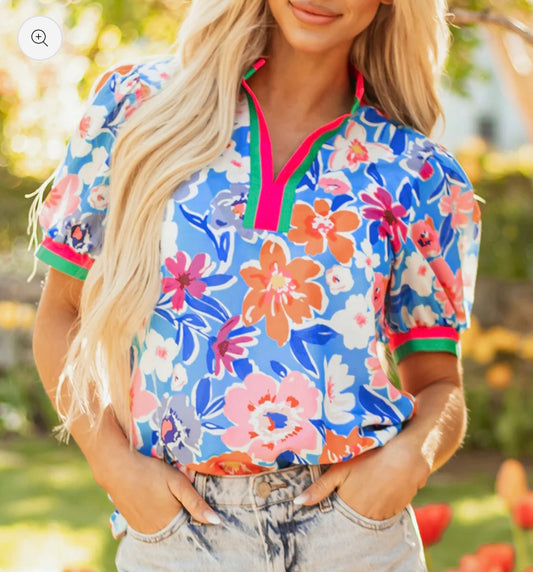 Floral Royal & Pink Mix Top