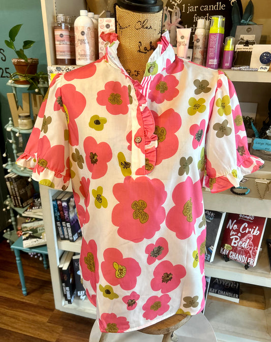 Floral Poppy Pink and Green Top