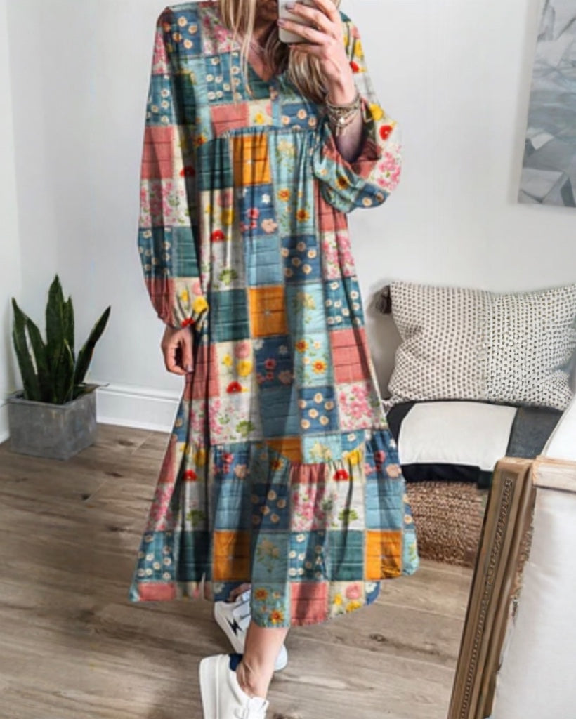 Patchwork Maxi Dress V Neck
